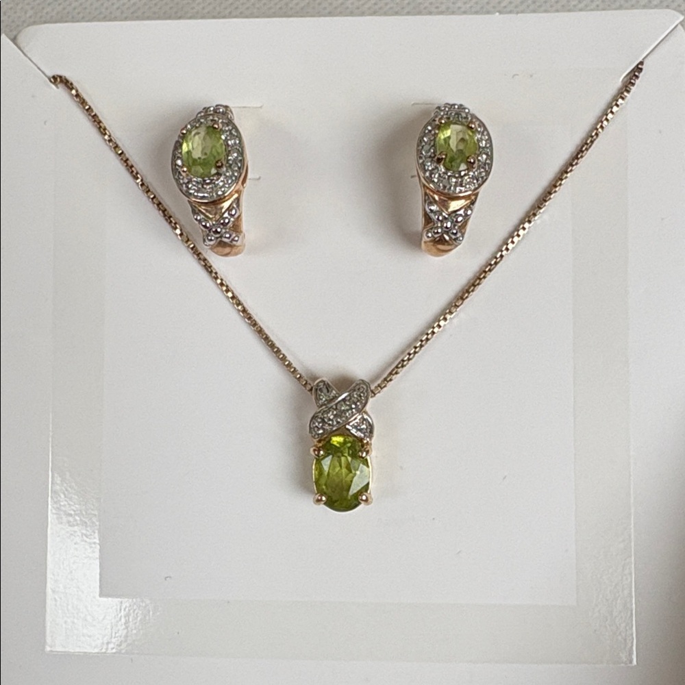 Gold Over Sterling Silver Peridot and Diamond Necklace & Earrings Set